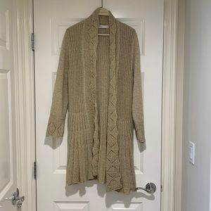 Long cardigan, tan, size large made by Skovuus.